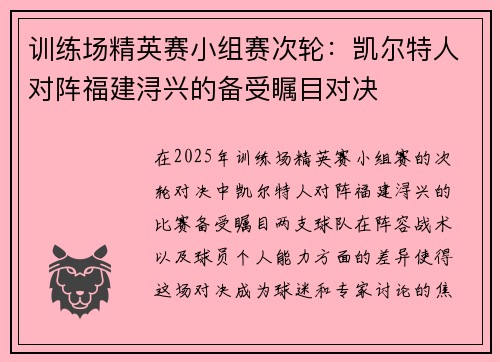 训练场精英赛小组赛次轮：凯尔特人对阵福建浔兴的备受瞩目对决