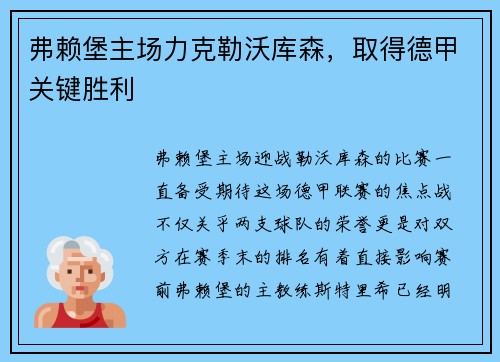 弗赖堡主场力克勒沃库森，取得德甲关键胜利